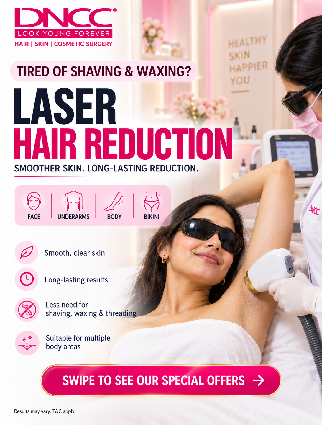 Laser hair reduction for face, underarms, body and bikini